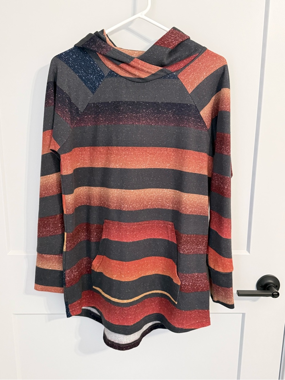LuLaRoe Striped Cowl Neck Hoodie Tunic Medium Rust Burgundy Navy Gray